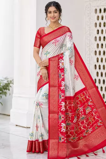 Multi 3 Ikkat Patola Printing With Hand Made Tassels Fumka Dola Silk Saree