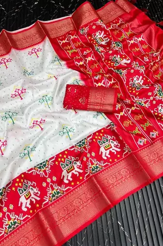 Multi 3 Ikkat Patola Printing With Hand Made Tassels Fumka Dola Silk Saree