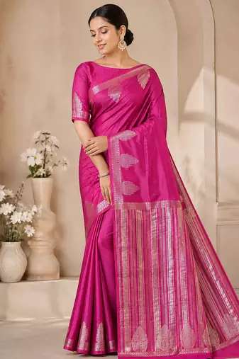 Rani Pink Color Nakashi Butta Figure Border Jari With Tassels Fumka On Pallu Tussar Silk Saree
