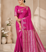 Rani Pink Color Nakashi Butta Figure Border Jari With Tassels Fumka On Pallu Tussar Silk Saree