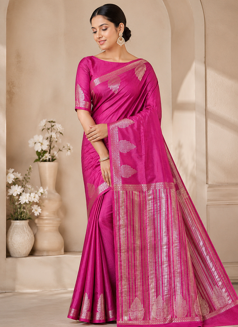 Rani Pink Color Nakashi Butta Figure Border Jari With Tassels Fumka On Pallu Tussar Silk Saree
