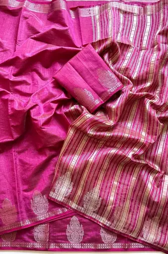 Rani Pink Color Nakashi Butta Figure Border Jari With Tassels Fumka On Pallu Tussar Silk Saree