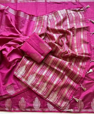 Rani Pink Color Nakashi Butta Figure Border Jari With Tassels Fumka On Pallu Tussar Silk Saree 3