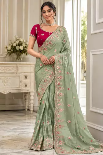 Light Parrot Green Golden Embroidery And Dori With Sequins All Over The Border Fandy Silk Saree