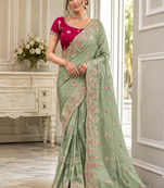 Light Parrot Green Golden Embroidery And Dori With Sequins All Over The Border Fandy Silk Saree