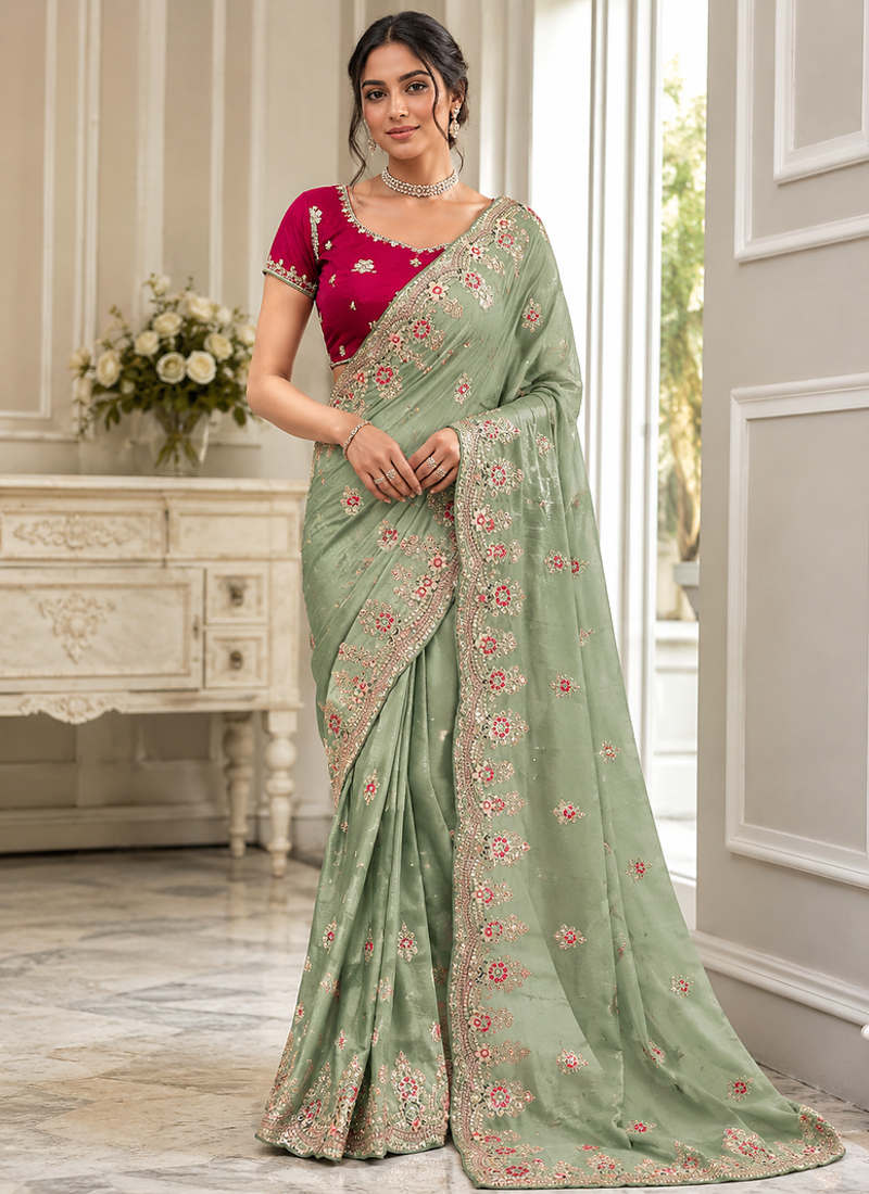 Light Parrot Green Golden Embroidery And Dori With Sequins All Over The Border Fandy Silk Saree