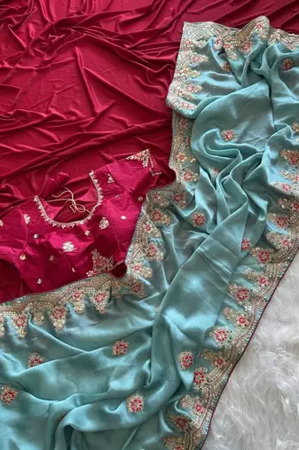 Sky Blue Golden Embroidery And Dori With Sequins All Over The Border Fandy Silk Saree