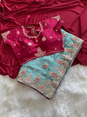 Sky Blue Golden Embroidery And Dori With Sequins All Over The Border Fandy Silk Saree 4