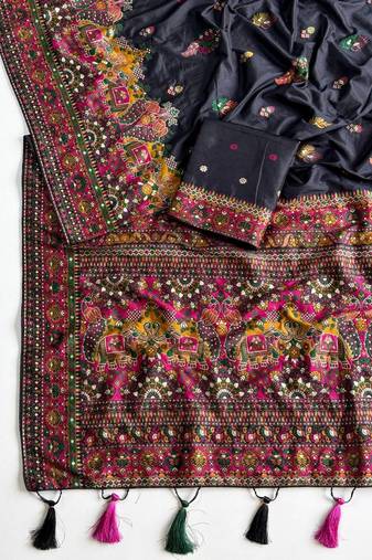 Black Kashmiri Thread Zari Woven Pashmina Dola Silk Saree