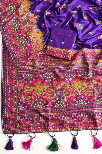 Purple Color Kashmiri Thread Zari Woven Work Pashmina Dola Silk Saree