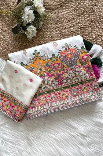 White Color Kashmiri Thread Zari Woven Work Pashmina Dola Silk Saree