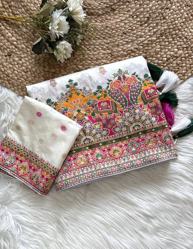 White Color Kashmiri Thread Zari Woven Work Pashmina Dola Silk Saree