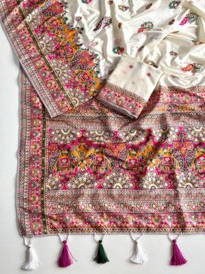White Color Kashmiri Thread Zari Woven Work Pashmina Dola Silk Saree 2