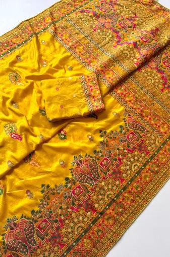Yellow Color Kashmiri Thread Zari Woven Work Pashmina Dola Silk Saree