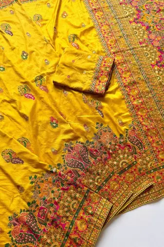 Yellow Color Kashmiri Thread Zari Woven Work Pashmina Dola Silk Saree