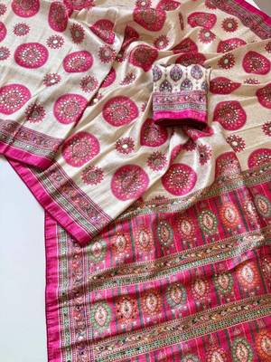 Rani Pink Digital Printing With Original Mirror Dola Silk Saree 1