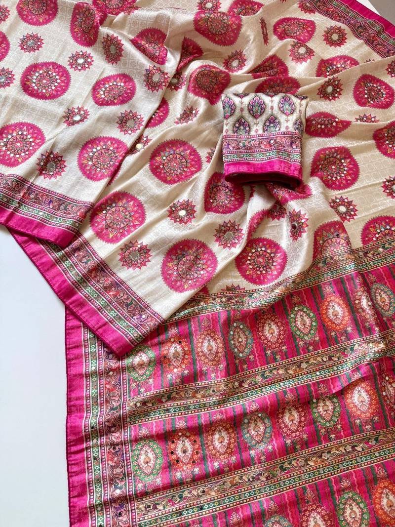 Rani Pink Digital Printing With Original Mirror Dola Silk Saree