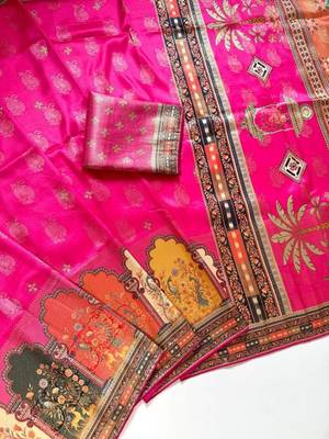Rani Pink Color Jaqurad Weaving With Print Work Dola Silk Saree 3
