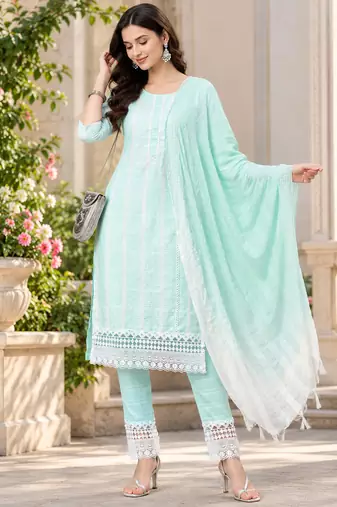 Women's south cotton  kurta pant dupatta set