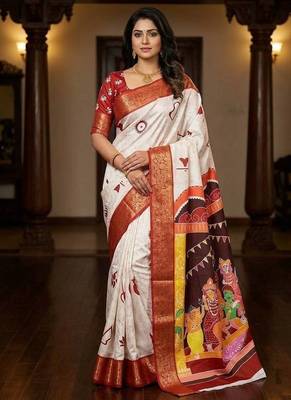 White Color Digital Printing Durga Pooja Work Silk Saree 1