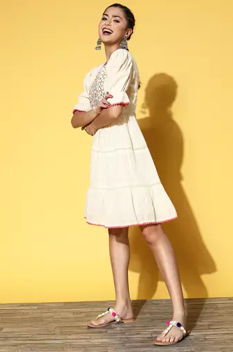 Women's pure cotton embroidered crausha lace a line dress