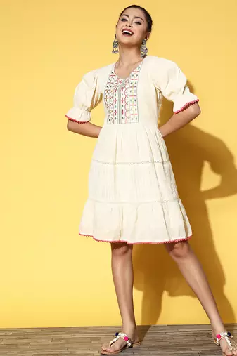 Women's pure cotton embroidered crausha lace a line dress