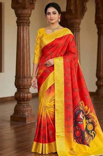 Red Color Digital Printing Durga Pooja Work Silk Saree