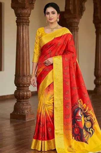 Red Color Digital Printing Durga Pooja Work Silk Saree
