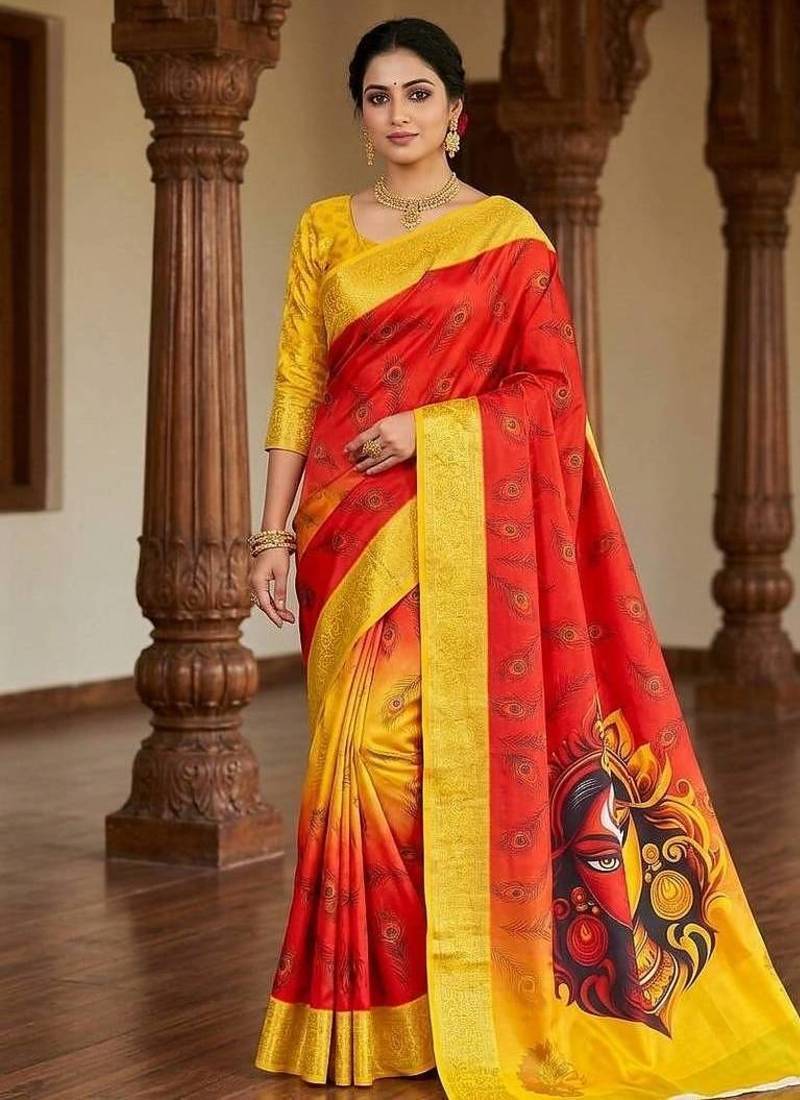 Red Color Digital Printing Durga Pooja Work Silk Saree