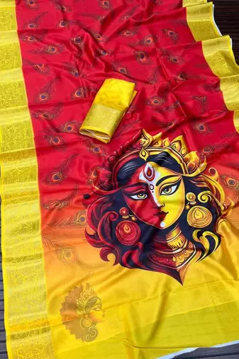 Red Color Digital Printing Durga Pooja Work Silk Saree