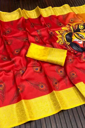 Red Color Digital Printing Durga Pooja Work Silk Saree