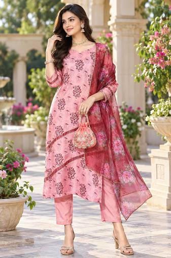 Women's silk chiffon printed kurta set with dupatta