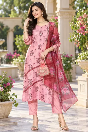 Women's silk chiffon printed kurta set with dupatta