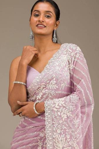 Pink Thread Sequin Faux Georgettete Saree