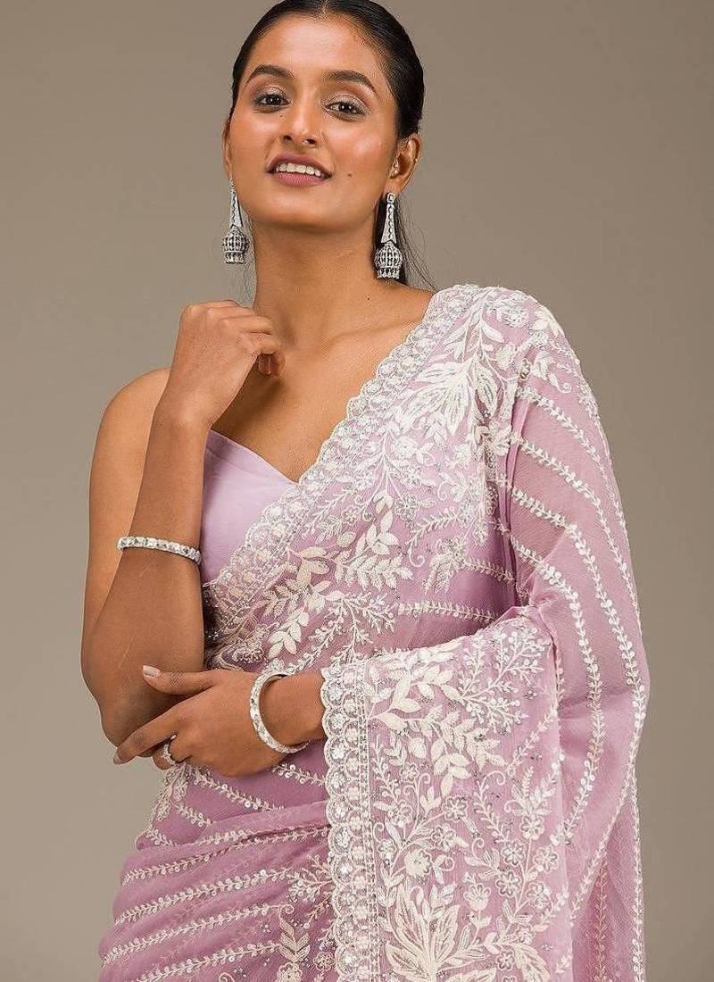 Pink Thread Sequin Faux Georgettete Saree
