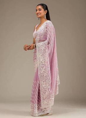 Pink Thread Sequin Faux Georgettete Saree 3