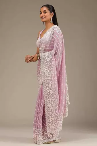 Pink Thread Sequin Faux Georgettete Saree