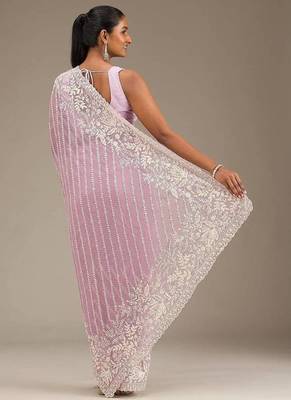 Pink Thread Sequin Faux Georgettete Saree 4