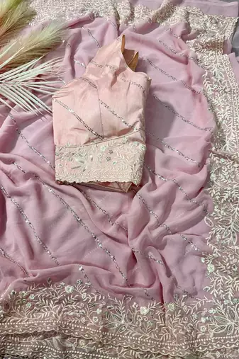 Pink Thread Sequin Faux Georgettete Saree