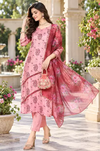 Women's silk chiffon printed kurta set with dupatta