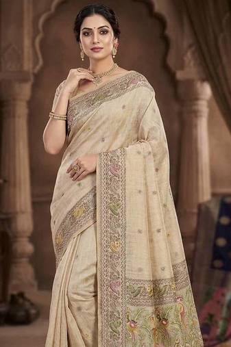 Cream Woven Border Jamdani Saree