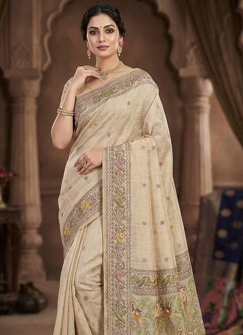 Cream Woven Border Jamdani Saree