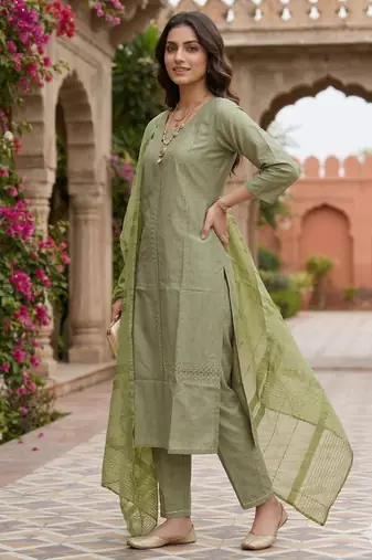 Women's art silk fabric embroidered kurta set with dupatta