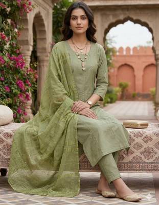 Women's art silk fabric embroidered kurta set with dupatta 5