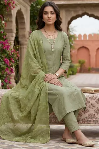 Women's art silk fabric embroidered kurta set with dupatta