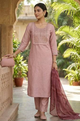 Women's art silk fabric embroidered kurta set with lace dupatta