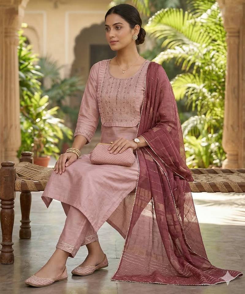 Women's art silk fabric embroidered kurta set with lace dupatta