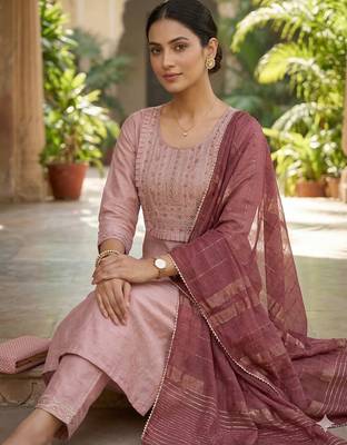 Women's art silk fabric embroidered kurta set with lace dupatta 3