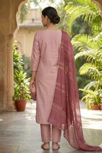 Women's art silk fabric embroidered kurta set with lace dupatta