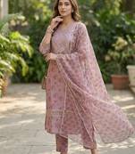 Women's silk chiffon embroidered kurta set with digital dupatta